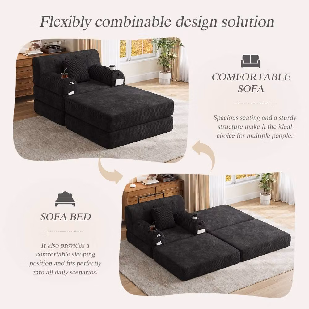Rolipo Black Corduroy 1-Seater Sleeper Chair and Sofa Bed with Armrests and Cup Holders – 3