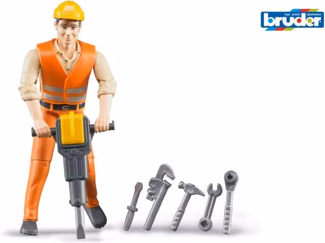 Bruder bworld Construction Worker Playset with Accessories, Orange, 1:16 Scale