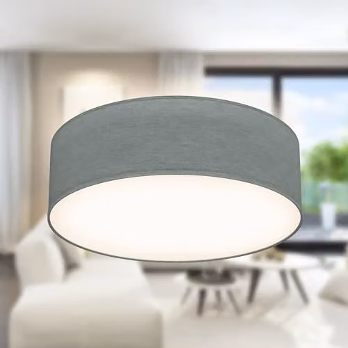 B.K.Licht Grey Fabric Ceiling Light with Ceramic Details, Cylinder Flush Mount Fitting, E27 Socket, Max 40W, W/D/H: 30 x 30 x 10 cm