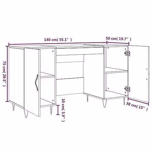 vidaXL Writing Desk in Grey Sonoma, Engineered Wood, W: 140 cm, D: 50 cm, H: 75 cm – 2