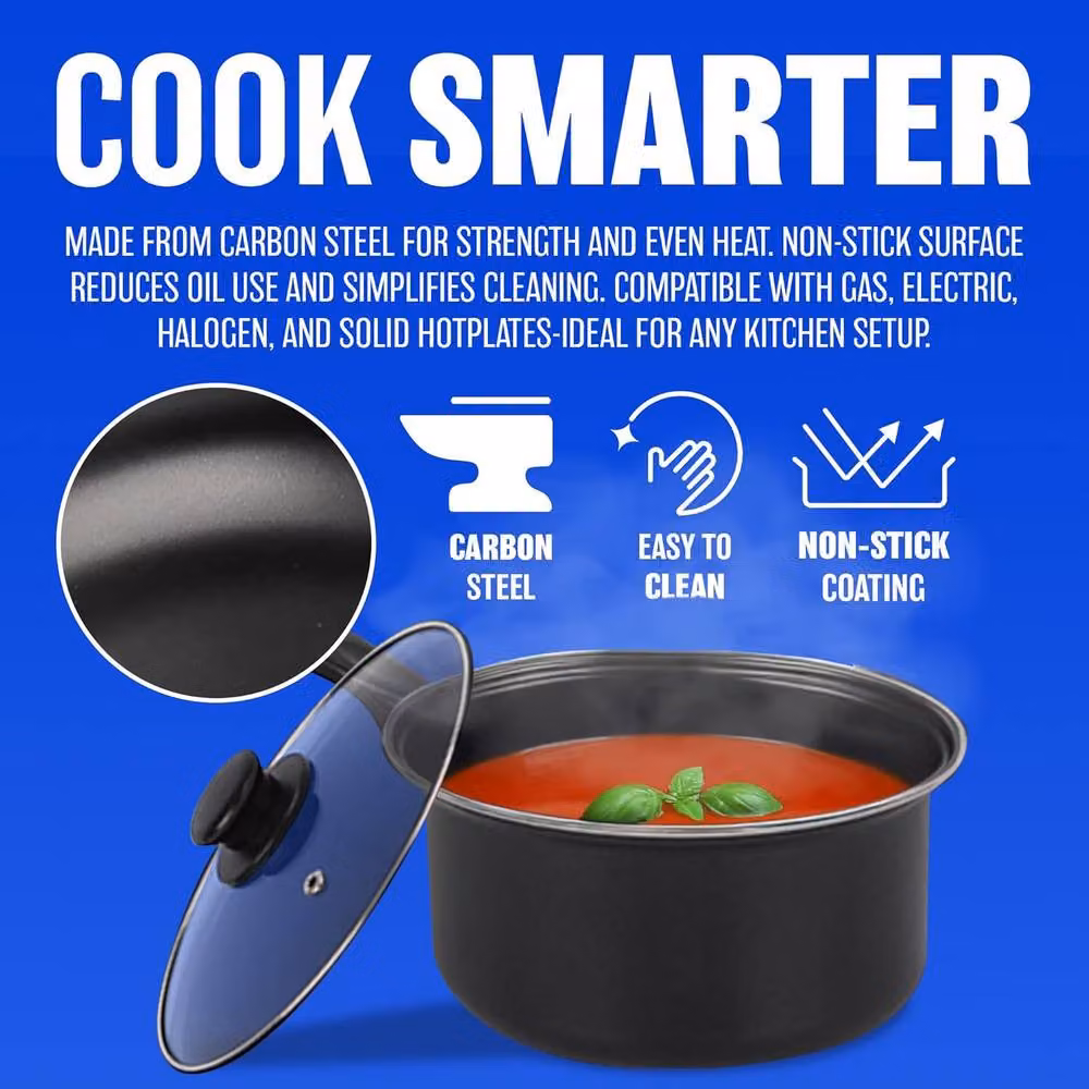 BARGAINS-GALORE 6-Piece Non-Stick Carbon Steel Cookware Set with Lids and Bakelite Handles in Black – 2