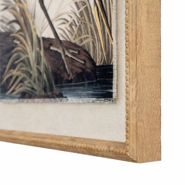 KDMK Flora Fauna Heron Bird Wall Art in a Brown Beaded Linen and Wood Frame