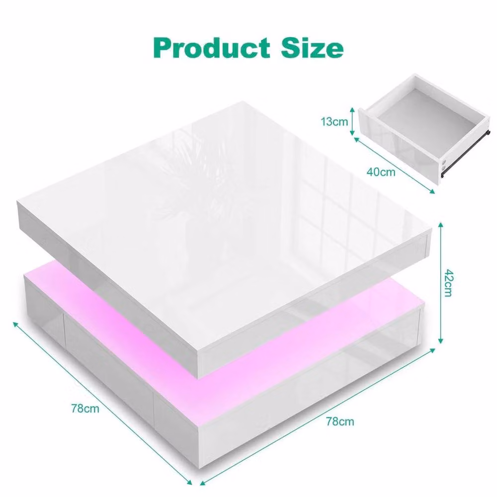 EONLION High Gloss LED Coffee Table with 2 Drawers, White, Width: 100 cm – 2