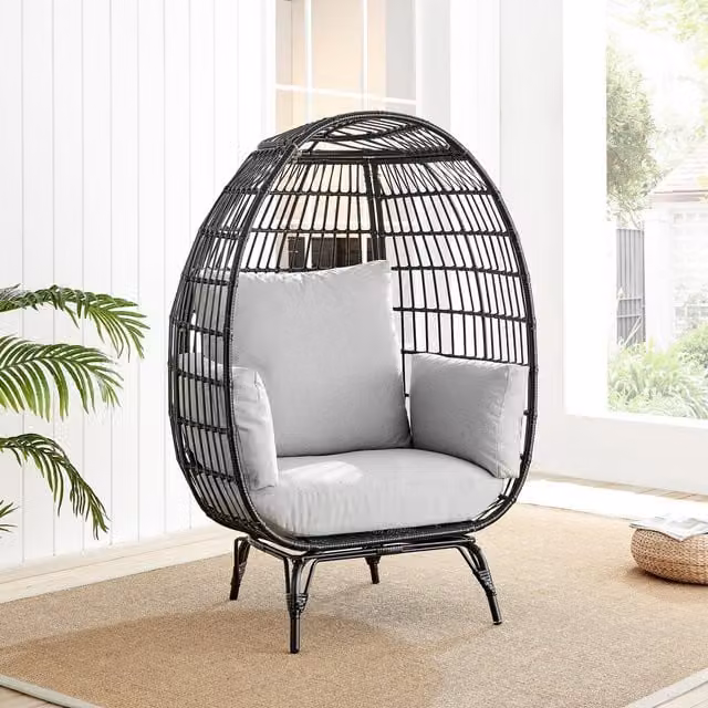 FurnitureboxUK Modern Grey Rattan Garden Egg Chair with Black Cushions