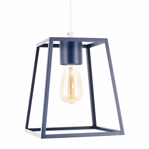 Happy Homewares Industrial Lantern Pendant Shade in Blue Metal and Glass, W/D/H: 25 x 21 x 11 cm