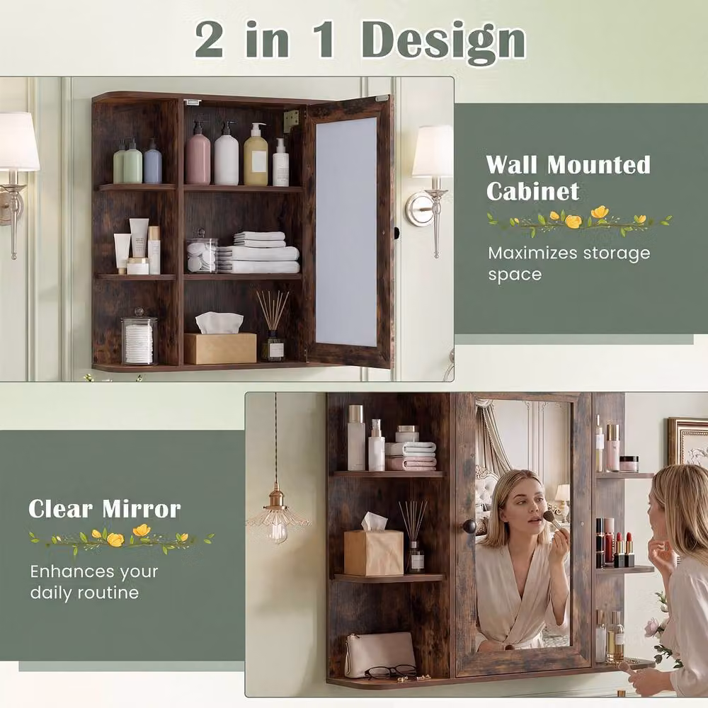 Gymax Wall Mounted Brown Modern Bathroom Medicine Cabinet with Mirror and Internal Shelves – 6