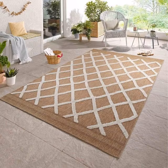 Desire Rugs Harper Aztec Pattern Machine Woven Indoor Outdoor Garden Rug in Beige and White, W/D: 50 x 80 cm