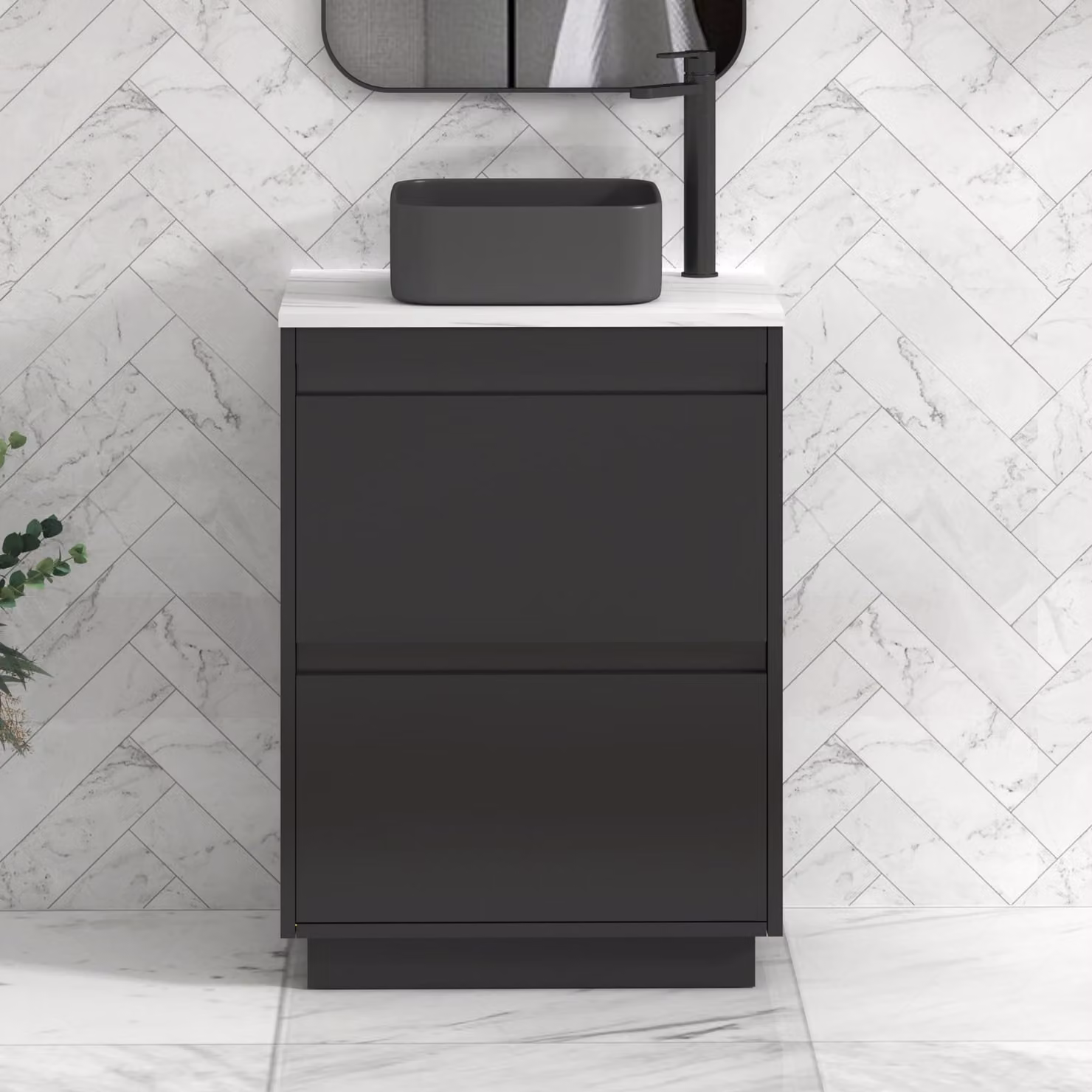 Royal Bathrooms Orion 600mm Matt Obsidian Black Floor Standing Countertop Vanity Unit with 2 Drawers and Art Square Basin