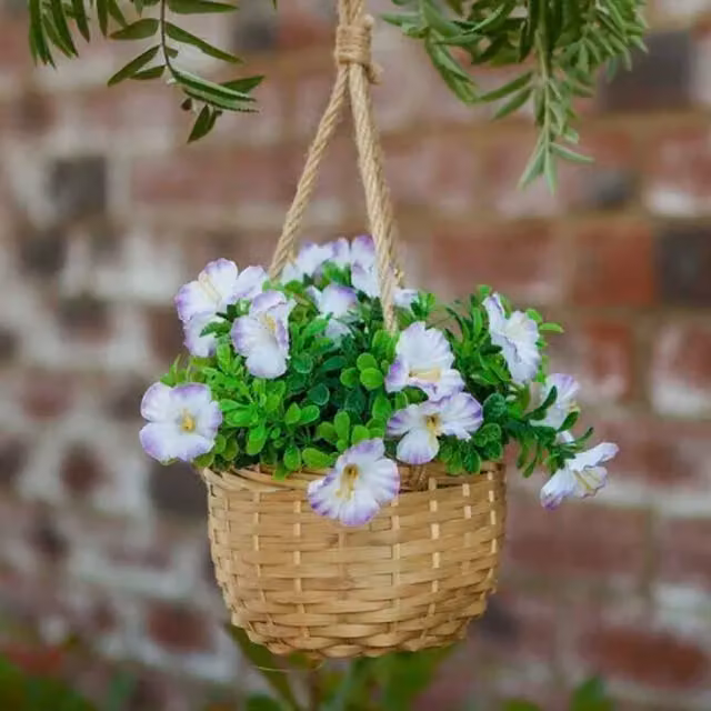 Garden Mile Hanging Round Rattan Basket with Mixed Artificial Floral Blossoms in Brown, Purple and Green