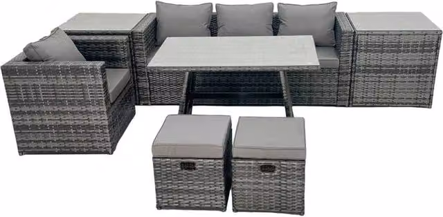 Fimous Rattan Dining Table and Sofa Set with 2 Side Tables and 2 Footstools in Dark Grey – 1