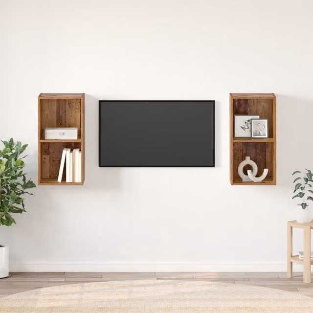 Berkfield Home 2-Piece Wall TV Cabinet Set in Brown Old Wood, W/D/H: 37 x 37 x 72 cm