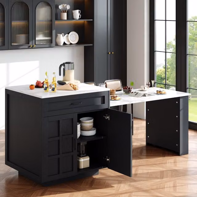 Aosom UK Extendable Bar Table and Kitchen Island in Black with 2 Drawers and 4 Compartments, W/D/H: 133-202 x 70 x 93.5 cm – 1