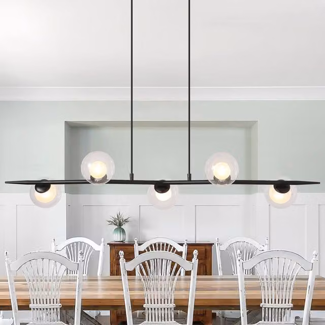 NIVOR 5 Light Linear Kitchen Island Pendant in Black with Transparent Glass, Dimmable and Height Adjustable