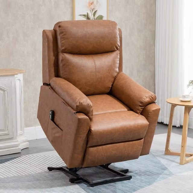 HOMCOM Brown Synthetic Leather Electric Power Lift TV Chair with Armrests