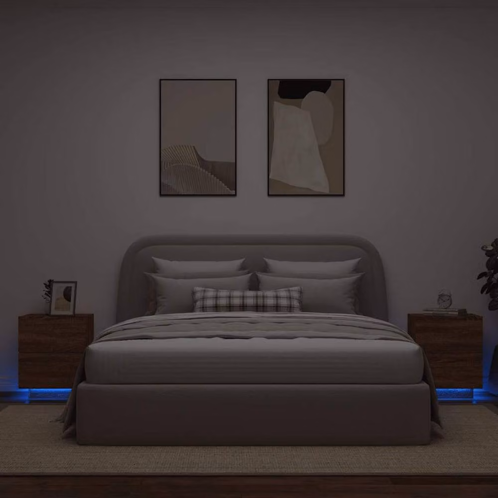 Berkfield Home Set of 2 Modern Brown Oak Bedside Cabinets with Integrated LED Lighting W/D/H: 45 x 40 x 55 cm – 2