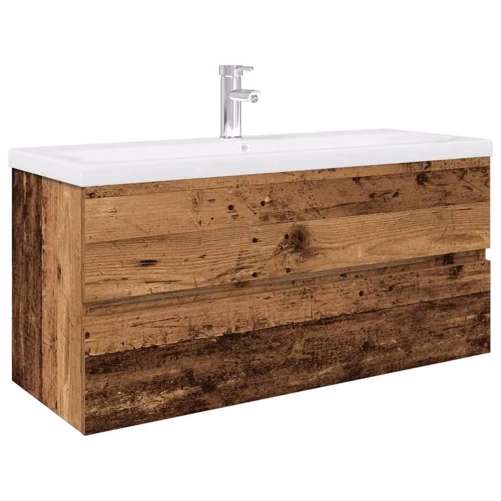 Berkfield Home Rustic Wall Mounted Sink Cabinet with Built-in Basin and Faucet in Brown Old Wood – 2