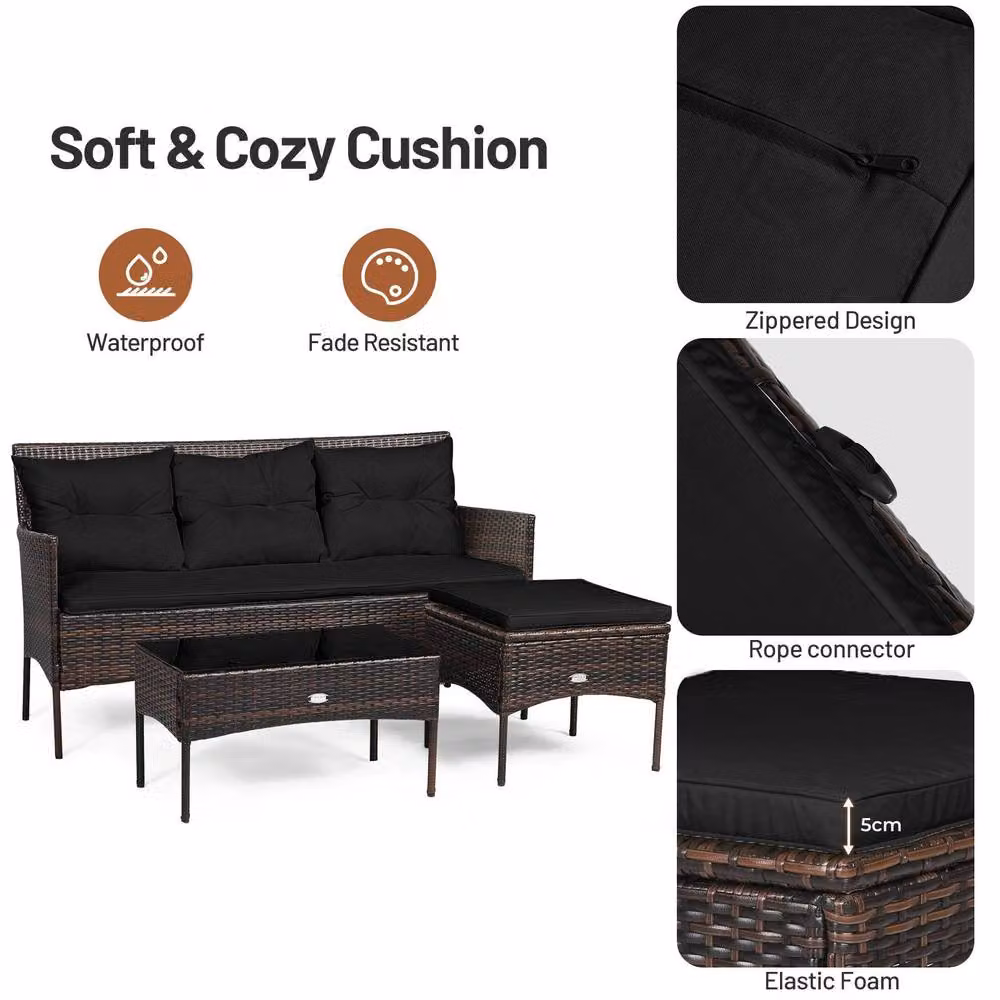 Costway 3 Piece Outdoor PE Rattan Patio Conversation Set in Black with Upholstered Cushions, 3 Seater Sofa, Coffee Table and Ottoman – 5