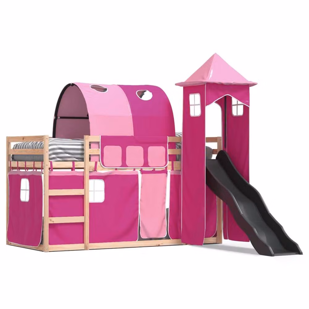 Berkfield Home Elegant Pink Solid Wood Bunk Bed with Slide and Curtains, W/D/H: 80 x 200 cm – 3