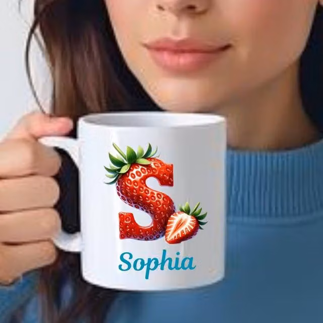 Aye Do Gifts Personalised Women's Strawberry Initial and Name Mug in White