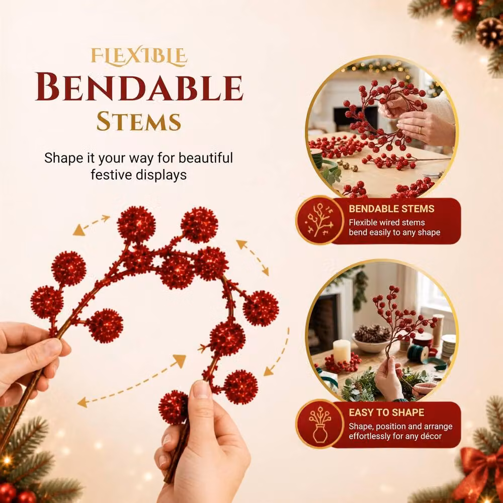 Shatchi Red Glitter Berry Picks for Christmas, 6 Pack, Height: 45 cm – 6