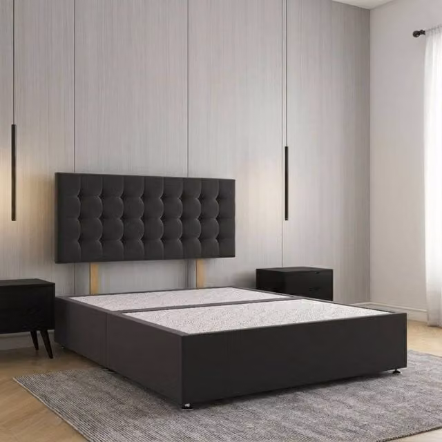 REGIONAL FURNISHINGS Super King Plush Velvet Divan Bed Base with 24 inch Headboard in Black, W/D/H: 200 x 200 cm