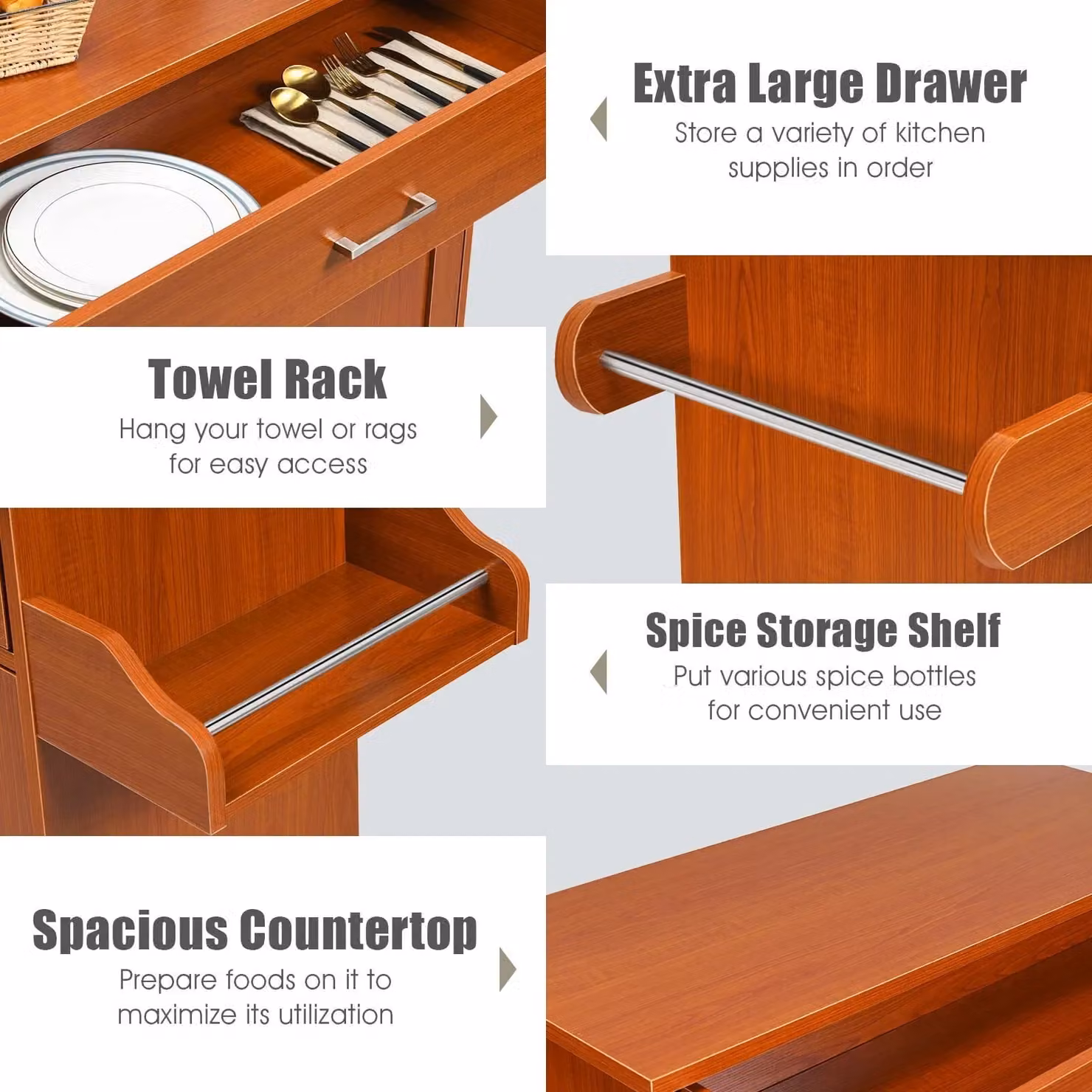 Costway Kitchen Island Storage Trolley with Shelves, Cupboard and Drawer in Brown – 4