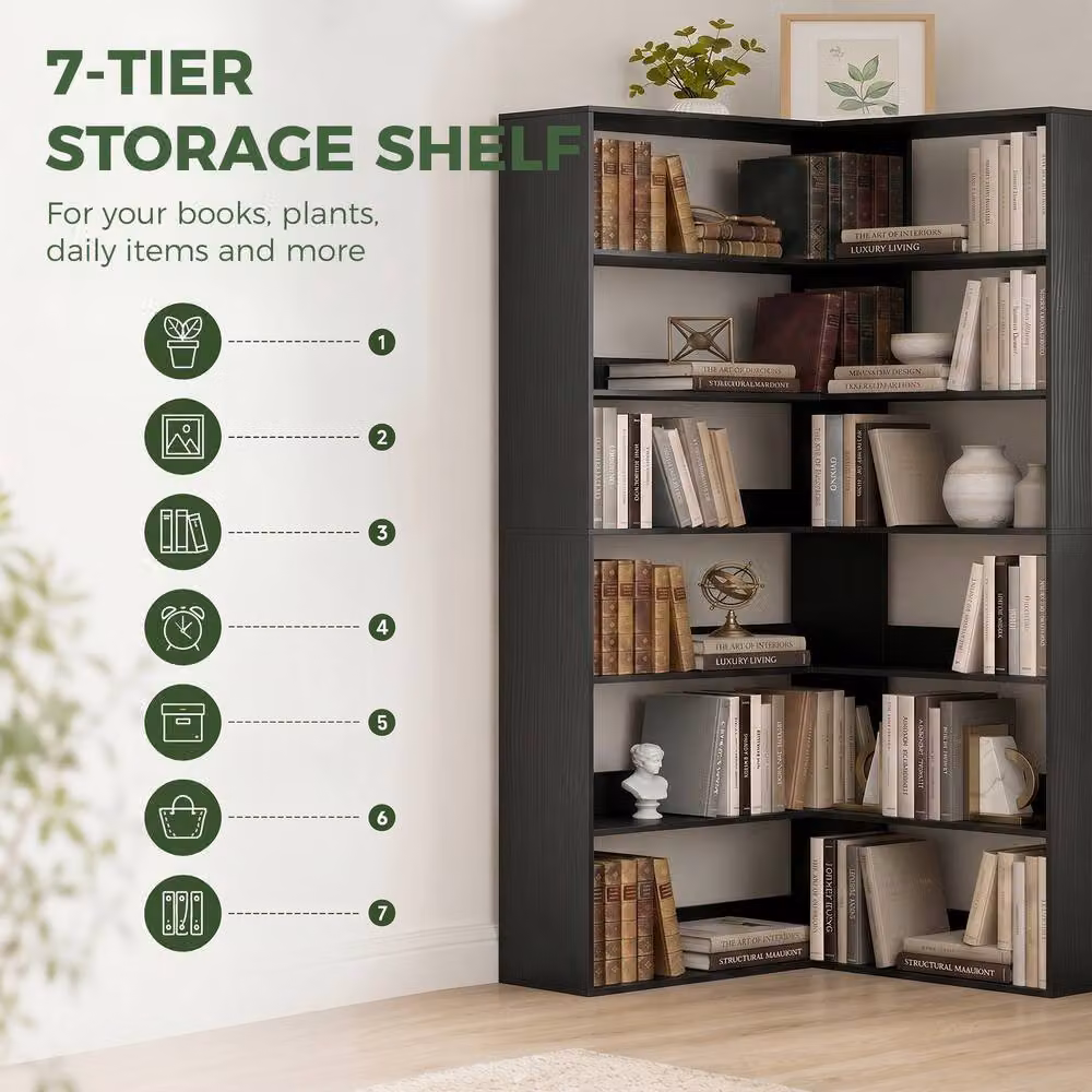 HOMCOM 7-Tier L-Shaped Corner Bookshelf in Black Wood Effect, W/D/H: 90 x 90 x 180 cm – 4