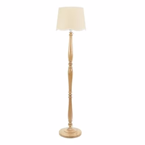 ValueLights Natural Wood Candlestick Floor Lamp with White Scallop Fabric Shade and Included LED Bulb