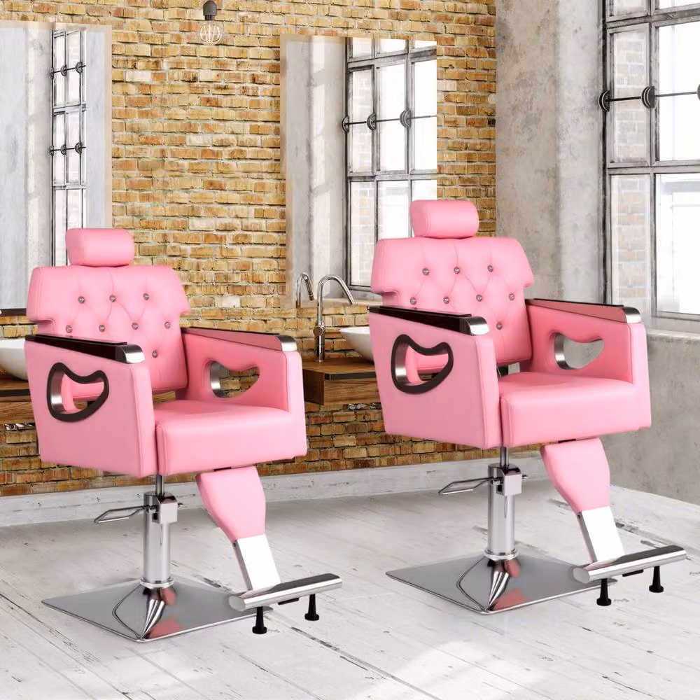 Costway Adjustable Swivel Barber Styling Salon Chair in Pink with Armrests – 3