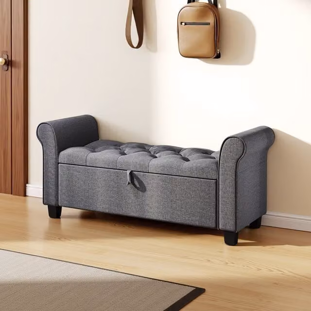 Lifeideas Dark Grey Linen Upholstered Rectangular Bench Ottoman with Armrests