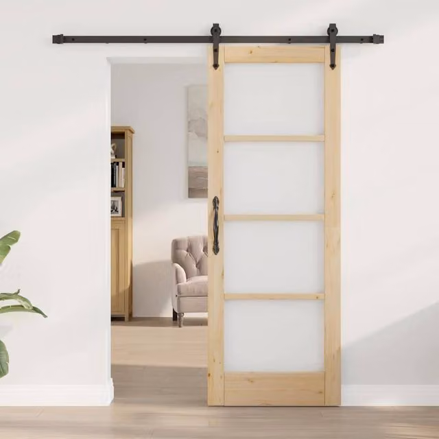 Berkfield Home Brown Solid Wood Pine Sliding Door with Hardware Set W: 73.5 cm, H: 198.5 cm