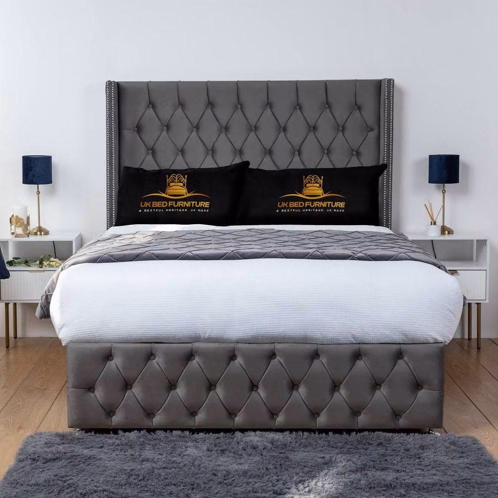 UK Bed Furniture Jasmine Wingback Divan Bed with 2 Foot End Drawers and 54 Inch Headboard in Grey, Size: Small Double (W/D/H: 120 x 200 cm) – 2