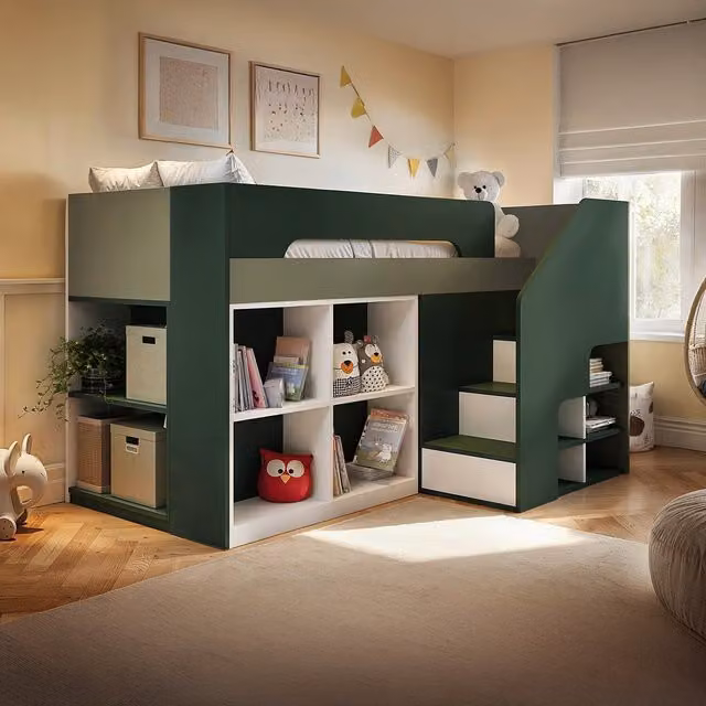 Flair Quinn Midsleeper Bed with Storage and Stairs for Children in Green and White