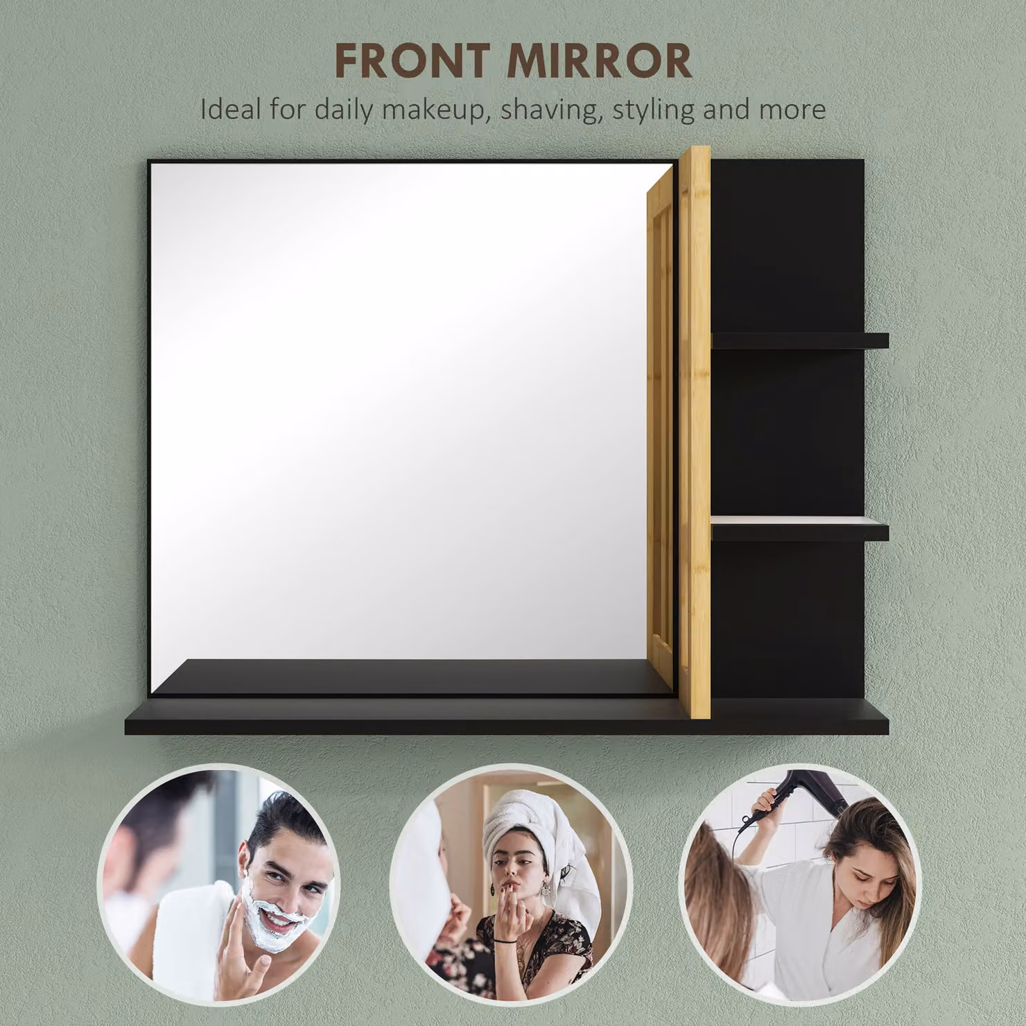 HOMCOM Modern Wall-mounted Black Bathroom Makeup Mirror with 4 Storage Shelves – 4
