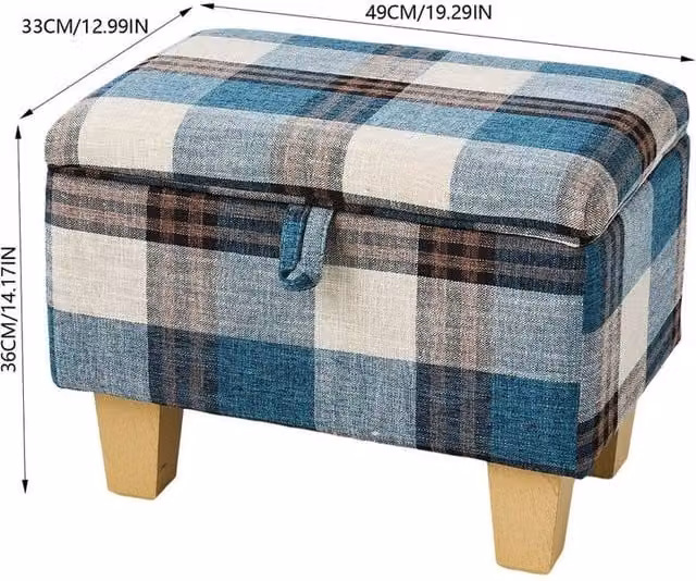 FORGEVIO Blue Checked Linen Upholstered Small Storage Ottoman Footstool Bench