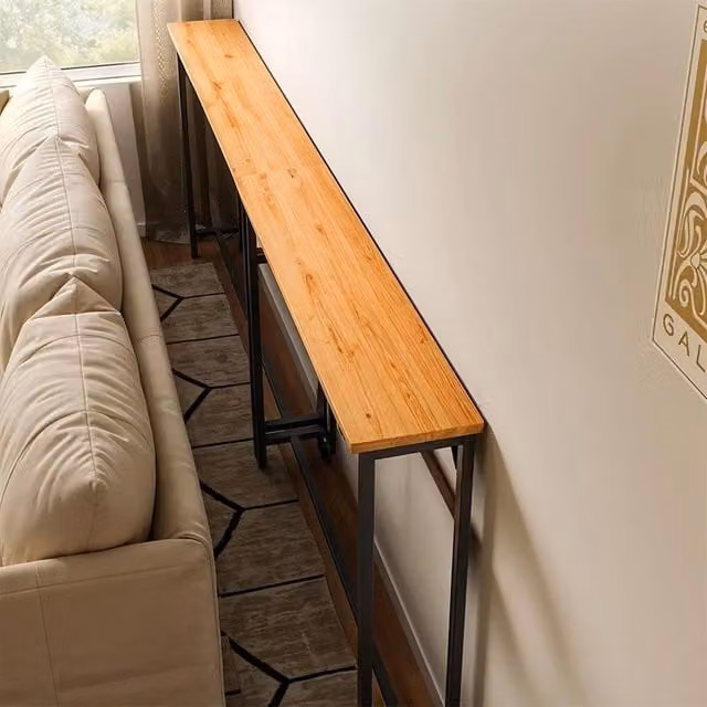 PAWNORA 1-Tier Industrial Console Table with Black Metal Frame and Brown MDF Laminate Top, 80 cm Long