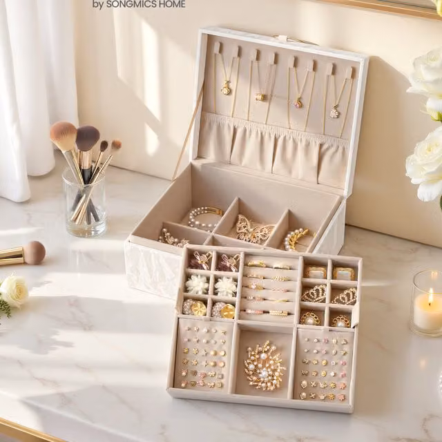 SONGMICS 2 Layer Jewellery Box in Cream White, W: 24 cm, D: 20.5 cm, H: 11 cm