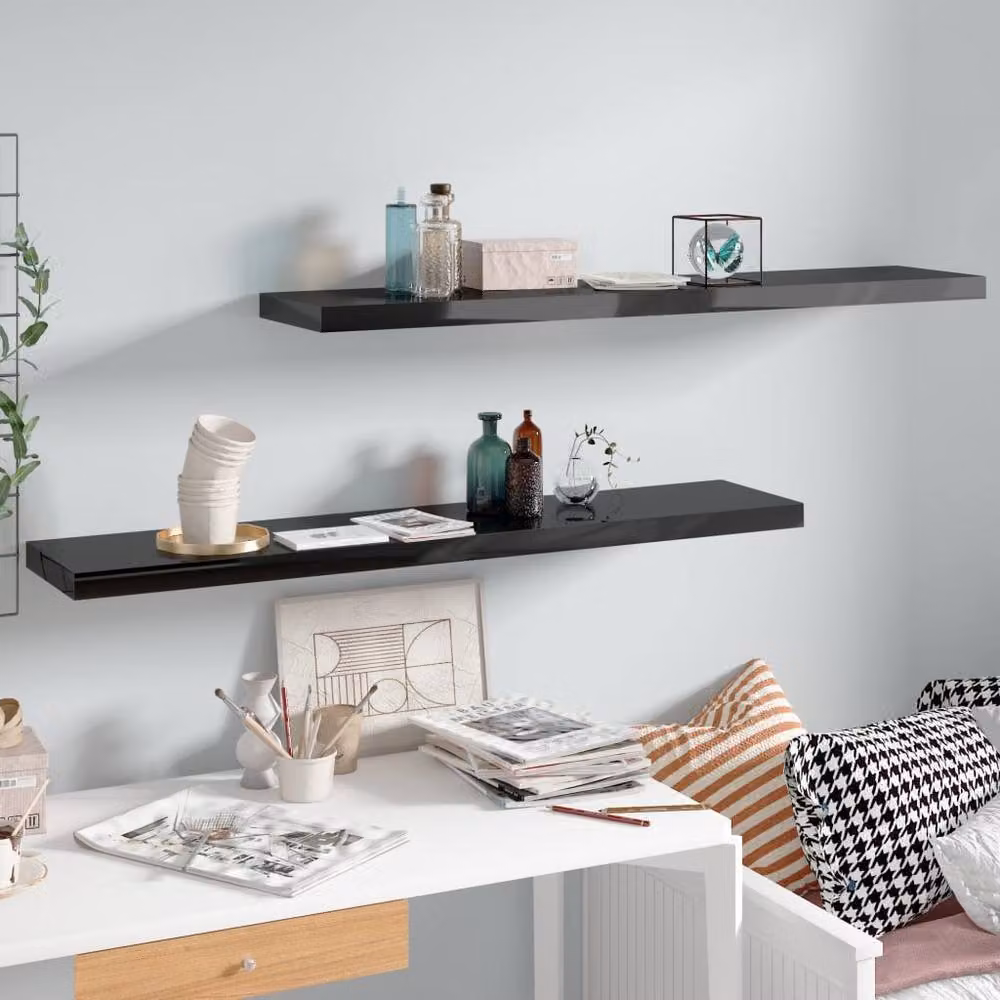 Berkfield Home Durable Floating Wall Shelves, 2 Pack, High Gloss Black, W: 120 cm, D: 23.5 cm, H: 3.8 cm – 2