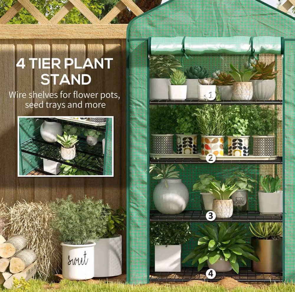 STILVORA Mini Greenhouse with 4 Shelves and Roll-Up Door, Green, H 160 x W 90 x D 49 cm – 4