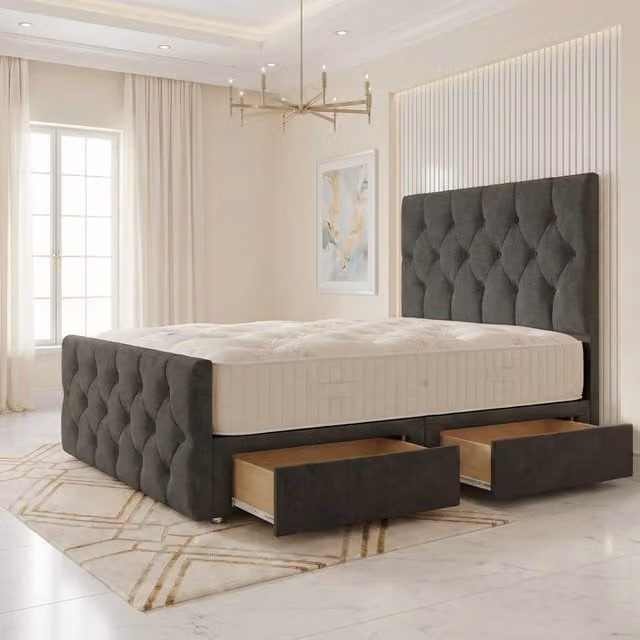 Somnior Ziggy Linen Divan Bed with 2 Drawers, 54 inch Headboard and 22 inch Footboard, Grey, W/D/H: 140 x 200 x 28 cm
