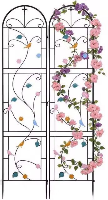 Hinsinc 2-Piece Metal Garden Trellis with Multicolour Bird and Floral Design in Black, W/H: 48 x 214 cm – 1