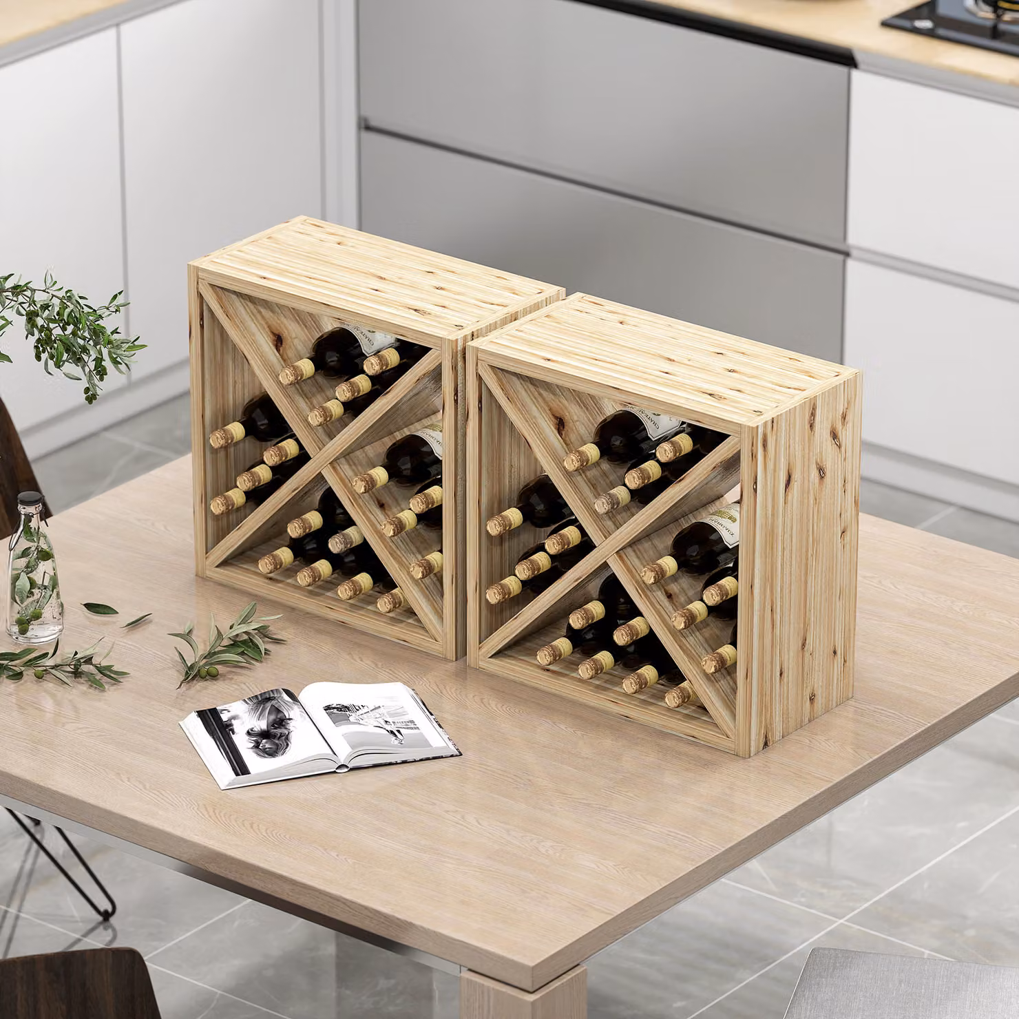 HOMCOM Set of 2 X-Shaped Wooden Wine Racks in Brown, Natural Pine Tabletop Storage Holders for 24 Bottles – 2