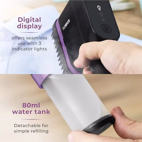 Tower Ceraglide Handheld Garment Steamer with Ceramic Soleplate and Brush Attachment, 1400W, Black, Petrol and Purple – 5