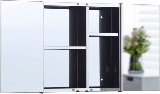 FORGEVIO Modern Silver Stainless Steel Mirrored Bathroom Cupboard with Hinged Glass Doors and Internal Shelves – 1