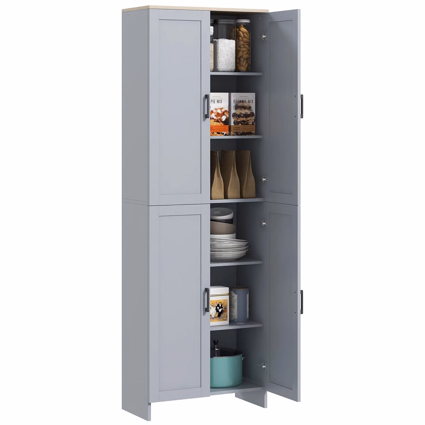 HOMCOM Modern Grey Kitchen Cupboard Storage Cabinet with 6 Shelves and Hinged Doors, H 170.5 x W 60.0 cm – 2