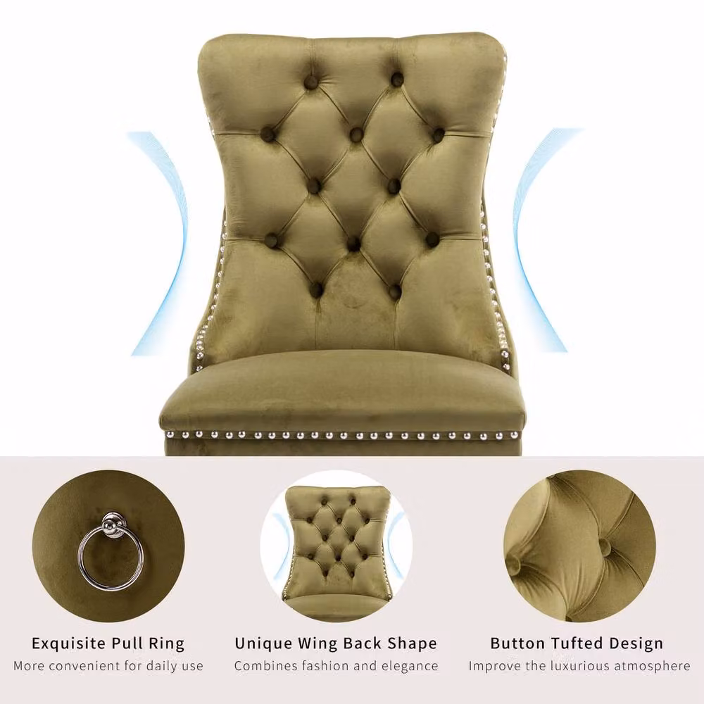 HomeTouch Romsey Set of 6 Green Velvet Upholstered Dining Chairs with Oak Legs and Knocker Ring Back – 7