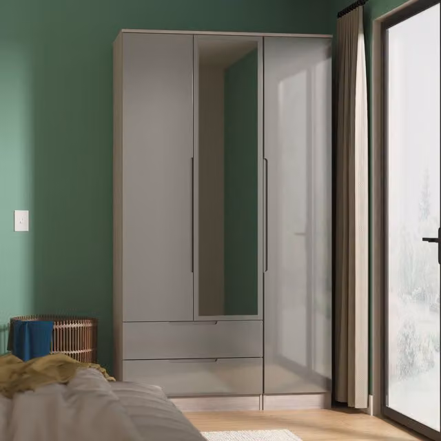 2 U Lucca Ready Assembled Triple Mirror Wardrobe with 2 Drawers in Grey