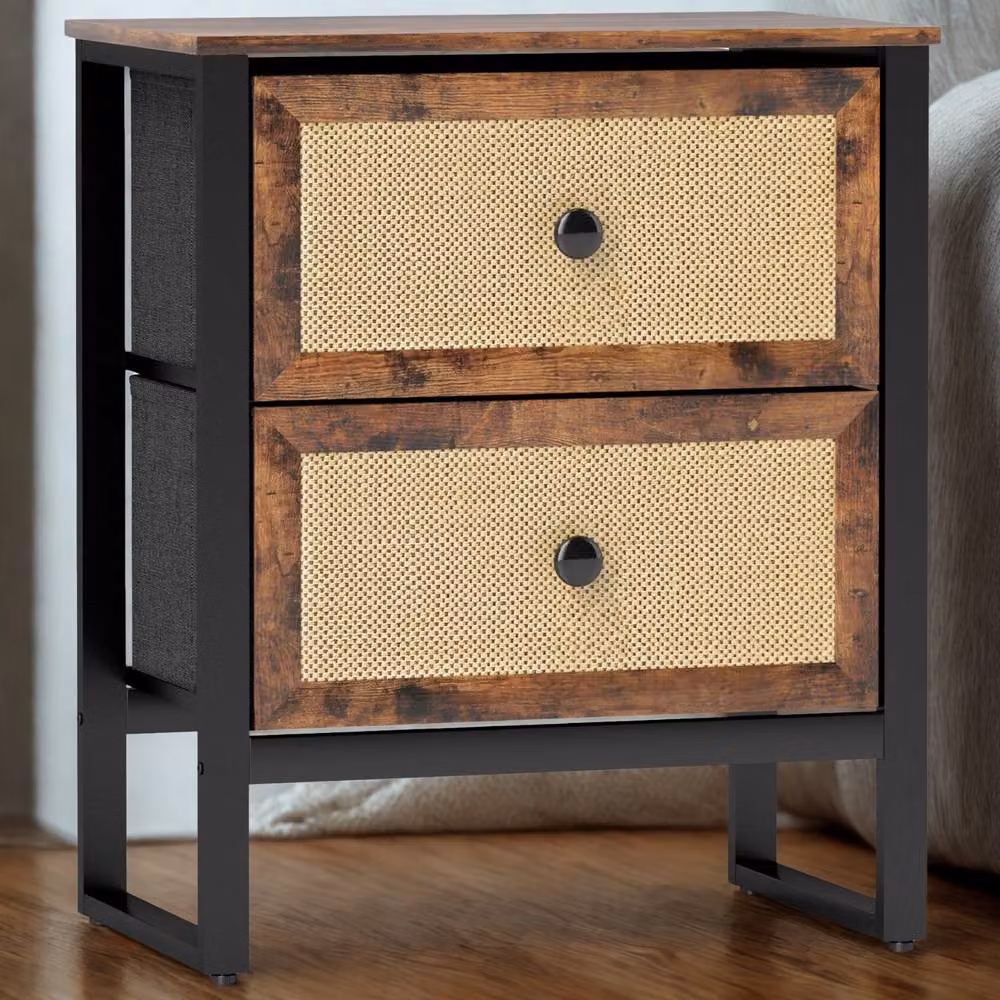 FURNOS Industrial Bedside Table Nightstand with 2 Drawers in Brown – 5