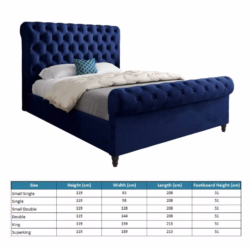 Casani Stourpaine Sleigh Upholstered Blue Velvet Designer Bed Frame, W: 140 cm, D: 200 cm, H: 119 cm – 5