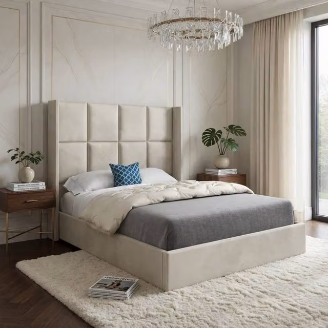 Casani Yaverland Upholstered Velvet Designer Bed Frame in Beige, W/D/H: 137 x 120 x 200 cm